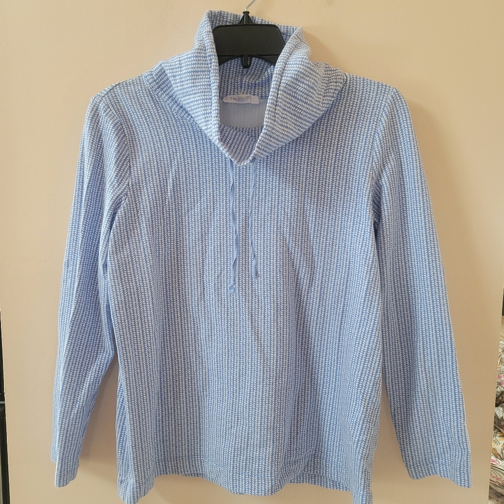 T By Talbots Blue And White Cowl Neck Long Sleeve Shirt